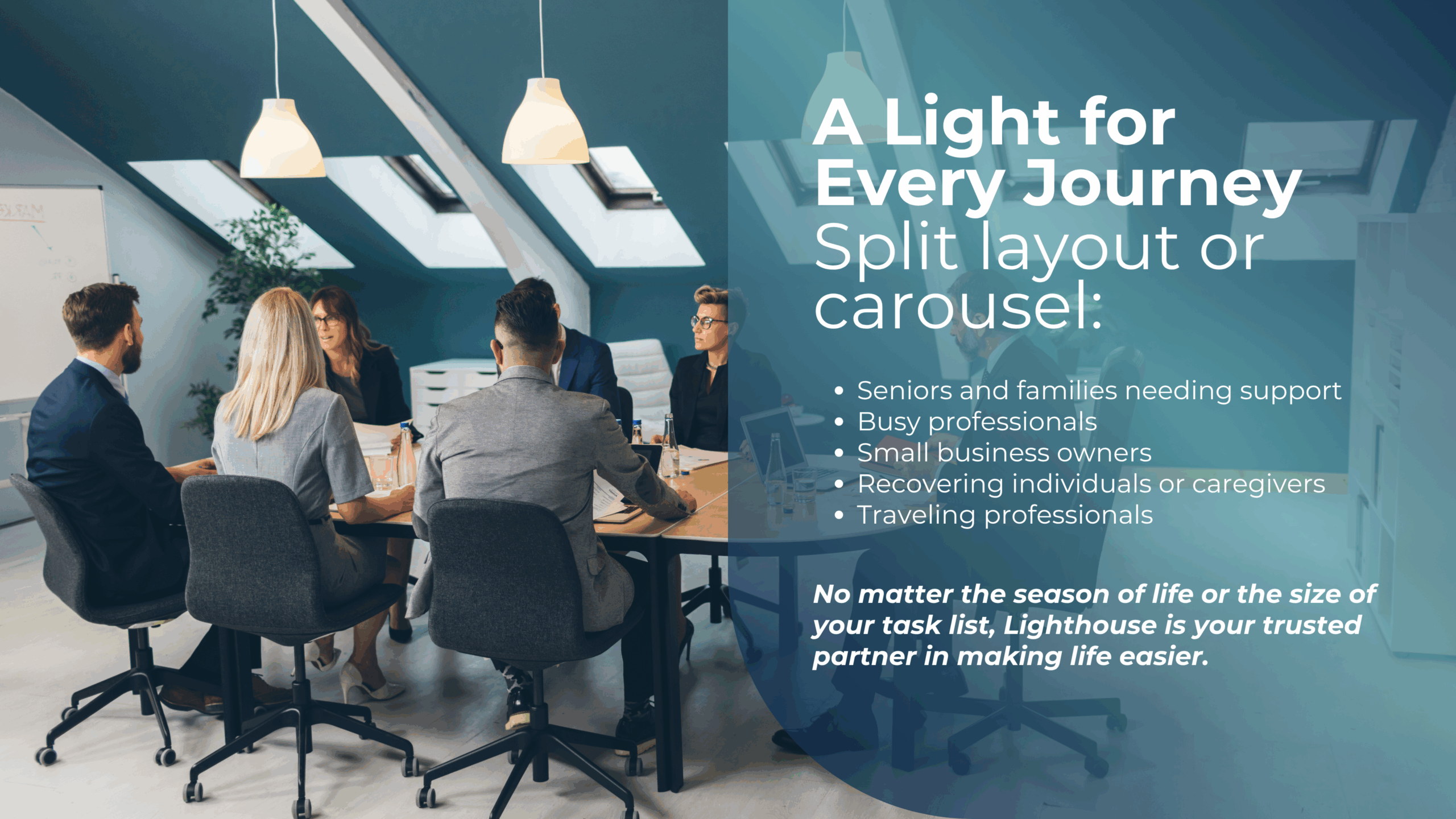 A Light for Every Journey Split layout or carousel: Seniors and families needing support Busy professionals Small business owners Recovering individuals or caregivers Traveling professionals